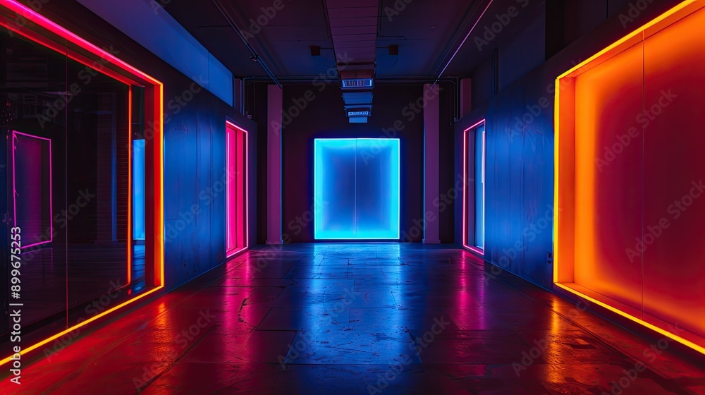 Dark room illuminated by neon lights, featuring black walls and dramatic shadows Dark room illuminated by neon lights, featuring black walls and dramatic shadows