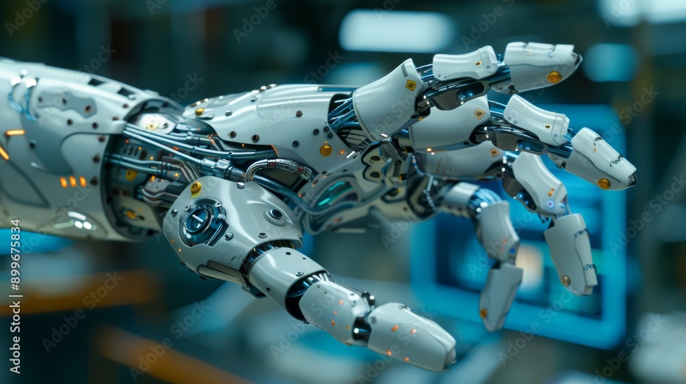 Detailed view of a highly advanced robotic hand, showcasing intricate mechanical design and precision engineering in a tech lab. Detailed view of a highly advanced robotic hand, showcasing intricate mechanical design and precision engineering in a tech lab.