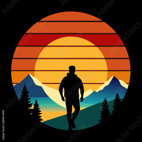 A  hiker stands against a vibrant sunset photo