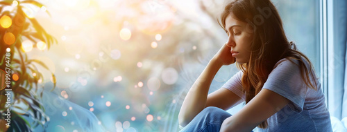 a cute woman sitting near a window and thinking in a cold say in winter and snow outside 