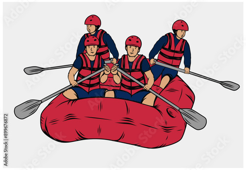 Vector illustration of a rafting tea, Beautiful sport themed poster. Water sports, summer sports, river rafting, team building activity.