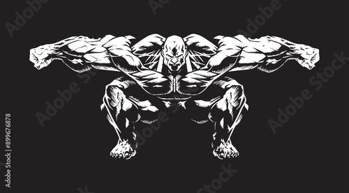 Heavy Bodybuilder Posing Muceles in Sitting Position Exercise Clipart White on Black Background Art Vector for T-shirts and Wall Decal Workout Athletic Gym Muscle Fitness Beast Barbell Healthy Wall St