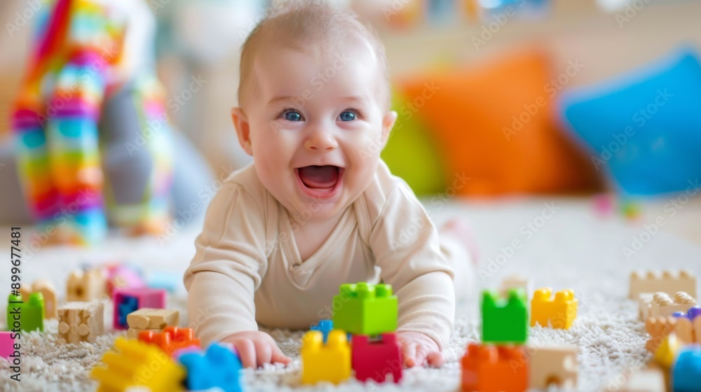 A baby in a cute onesie playing with colorful blocks on the floor, with a happy and engaged expression. A baby in a cute onesie playing with colorful blocks on the floor, with a happy and engaged expression.