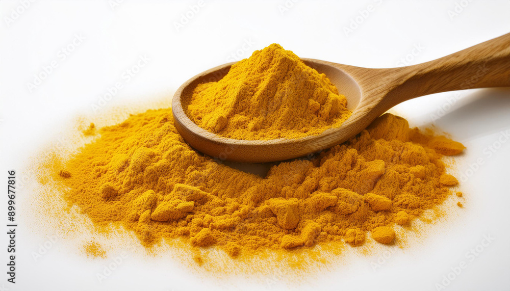 Vibrant turmeric powder in rustic wooden spoon, white background. Natural spice. Close-up. Vibrant turmeric powder in rustic wooden spoon, white background. Natural spice. Close-up.
