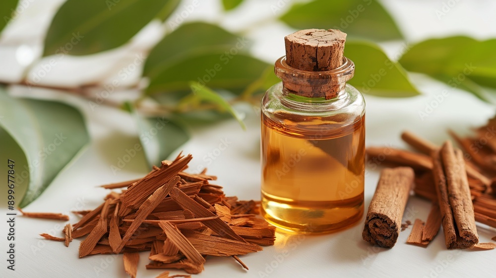 Sandalwood oil and plant isolated in white background, natural skin care ingridients Sandalwood oil and plant isolated in white background, natural skin care ingridients