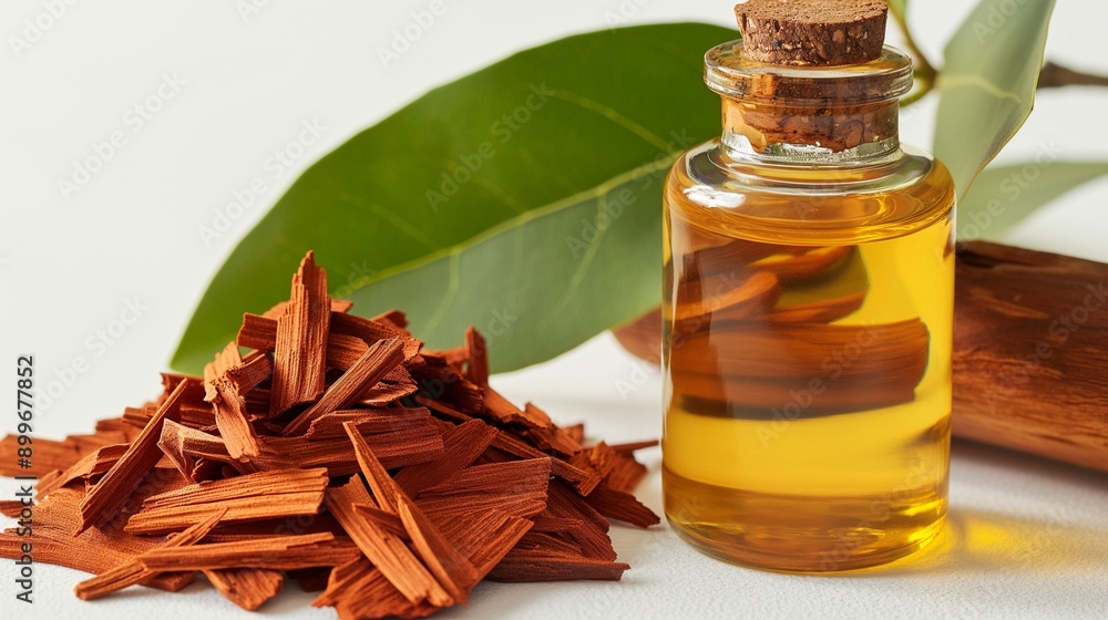Sandalwood oil and plant isolated in white background, natural skin care ingridients Sandalwood oil and plant isolated in white background, natural skin care ingridients