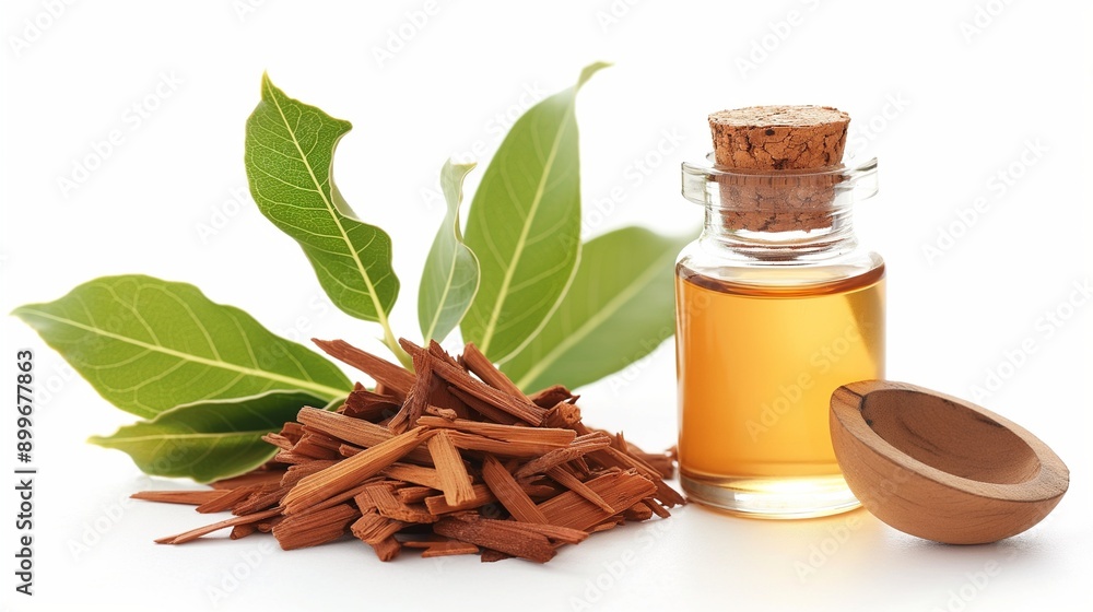 Sandalwood oil and plant isolated in white background, natural skin care ingridients Sandalwood oil and plant isolated in white background, natural skin care ingridients