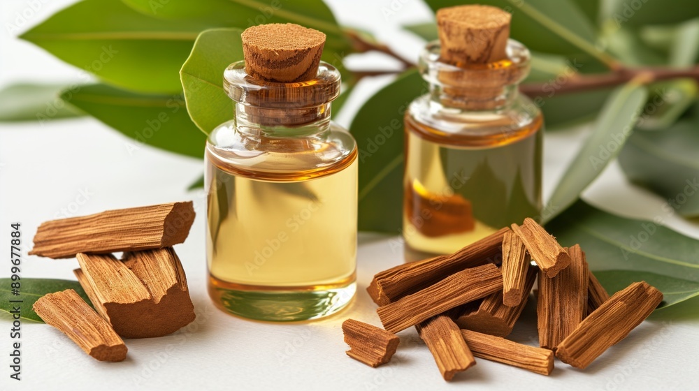 Sandalwood oil and plant isolated in white background, natural skin care ingridients Sandalwood oil and plant isolated in white background, natural skin care ingridients