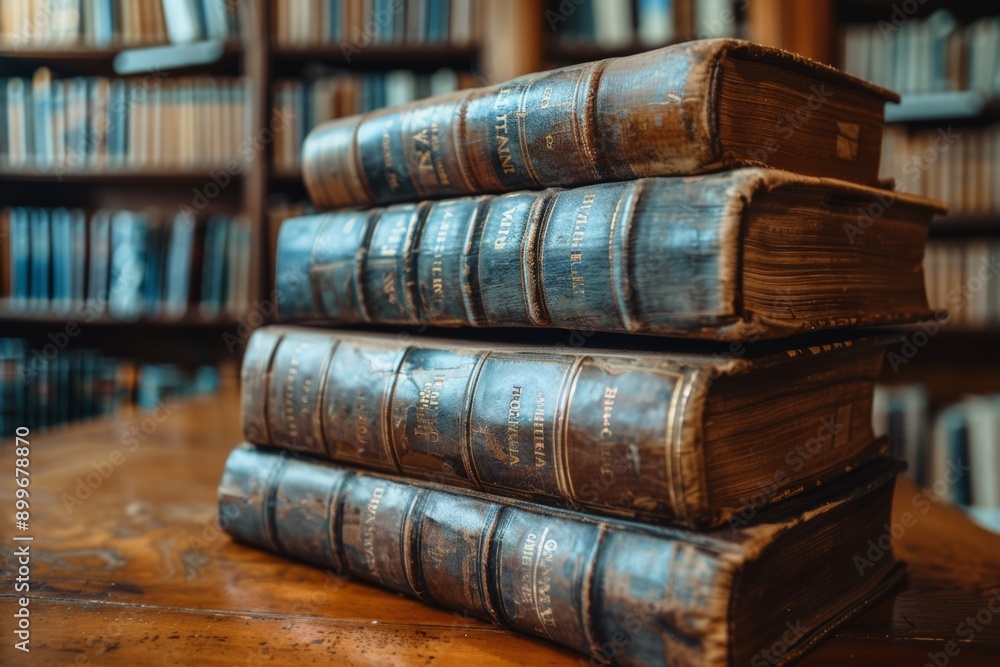 Stack of old leather-bound books in a library. Stack of old leather-bound books in a library.