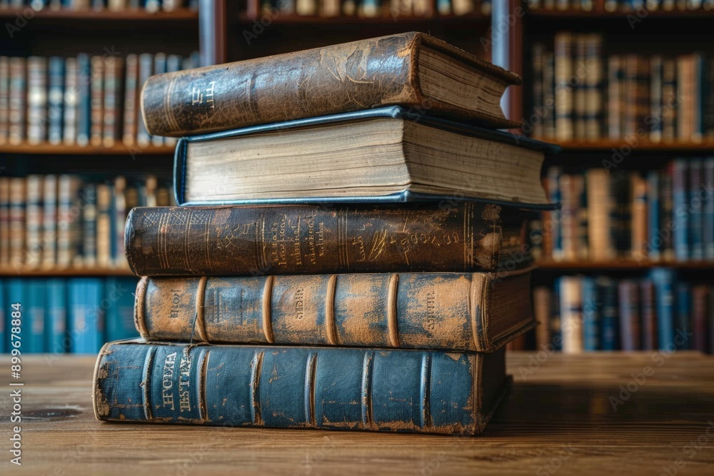 Stack of old leather-bound books in a library. Stack of old leather-bound books in a library.