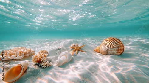 Starfish, coral and seashell on the summer beach in sea water