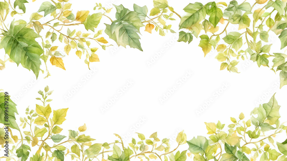 an intricate hand painted frame of leaves, vines and forest foliage painted in watercolor