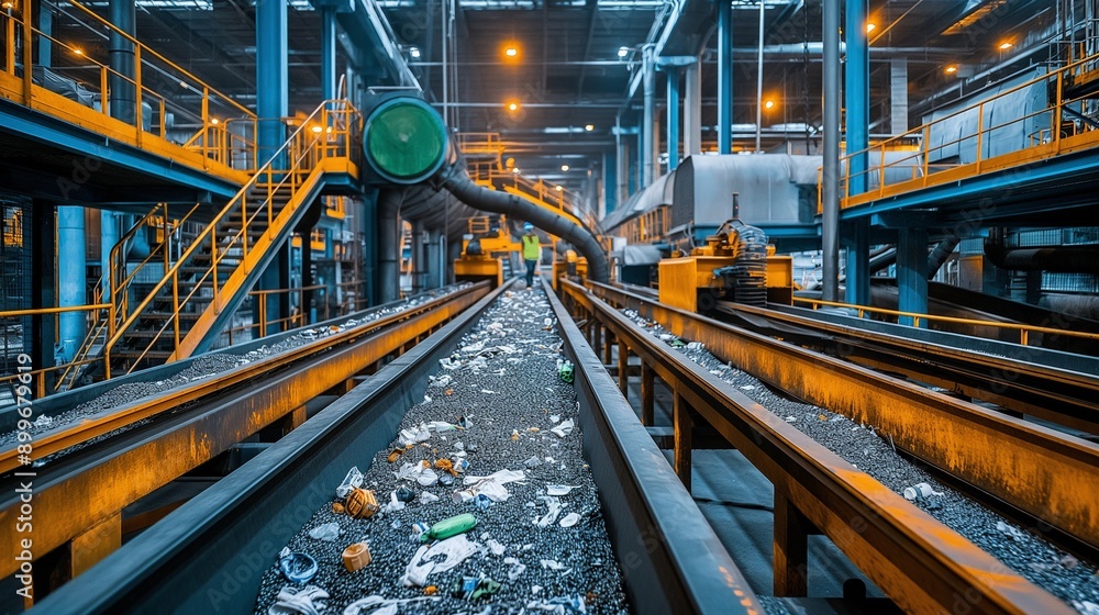 Obraz premium recycling facility with sorting machines, conveyor belts, and workers processing waste materials
