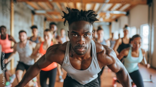 fitness trainer leading a group exercise class, encouraging participants to push themselves