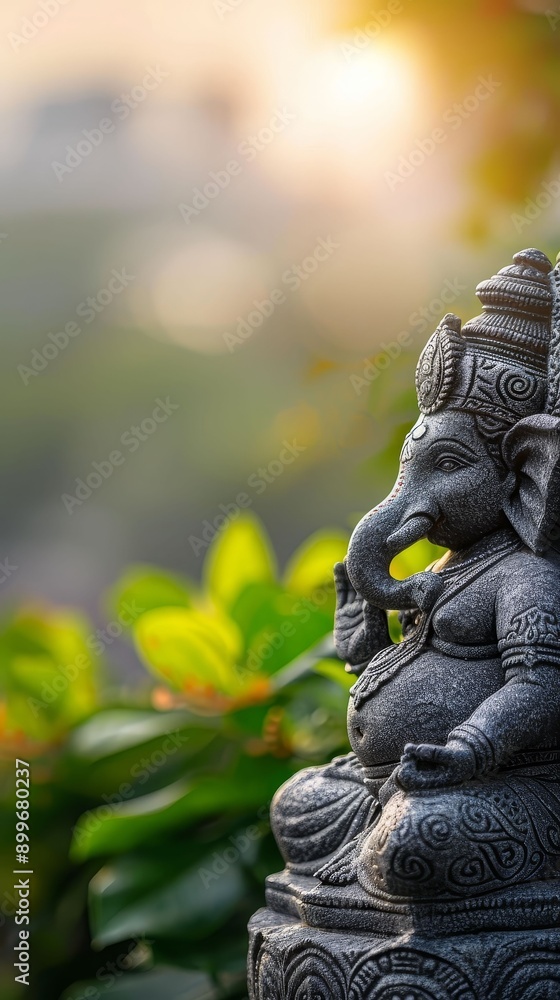Fototapeta premium Ganesha statue with a cityscape in the background, urban devotion