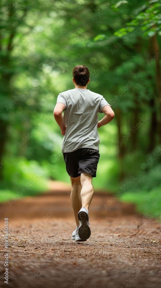 Jogger running on a treelined path, fitness in nature