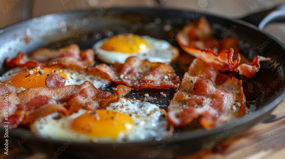 Fototapeta premium A close-up of a non-stick frying pan with eggs and bacon cooking, showcasing the food's crispy texture.