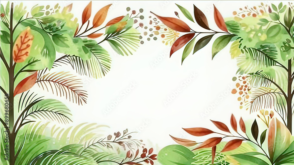 an intricate hand painted frame of leaves, vines and forest foliage painted in watercolor an intricate hand painted frame of leaves, vines and forest foliage painted in watercolor