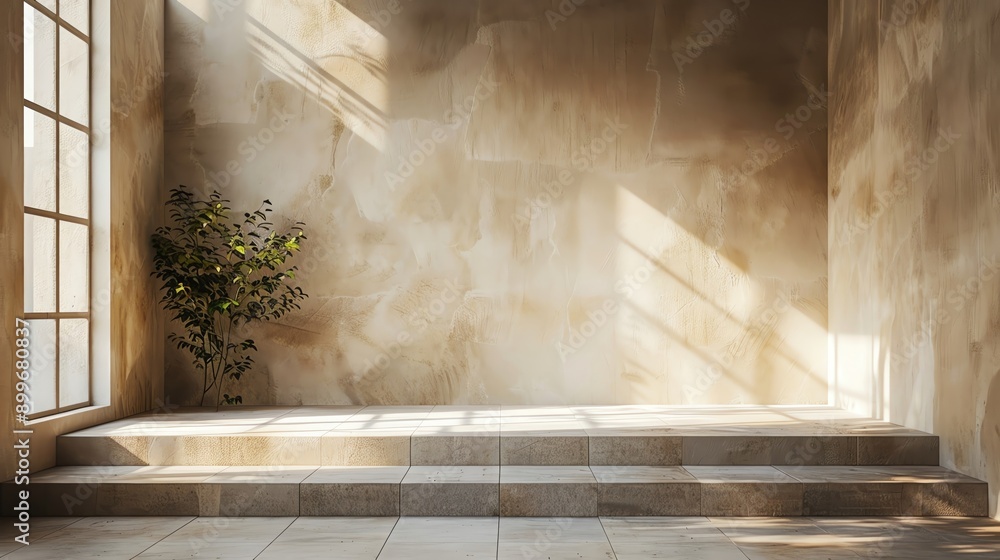 Podium with neutral tiles on a versatile, adaptable background, ample copy space