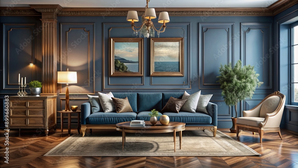 Elegant wooden frame adornment against dark backdrop in opulent French coastal-inspired living room with lavish furniture and oceanic hues ambiance. Elegant wooden frame adornment against dark backdrop in opulent French coastal-inspired living room with lavish furniture and oceanic hues ambiance.