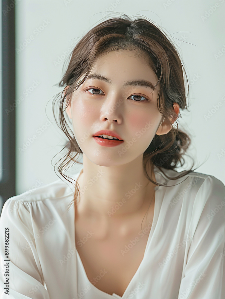 Close-Up Portrait of a Young Woman with Long Hair in a Reflective Pose, Natural Light, Casual Attire, Thoughtful Expression Close-Up Portrait of a Young Woman with Long Hair in a Reflective Pose, Natural Light, Casual Attire, Thoughtful Expression
