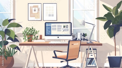Modern home office with ergonomic furniture. Featuring a spacious desk and organized workspace. Emphasizing productivity and comfort. Ideal for remote work and home office presentations. © Wilber