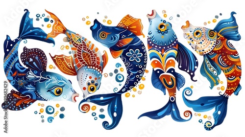 Vibrant Art of Five Blue Fish with Ornate Portuguese Tile Patterns