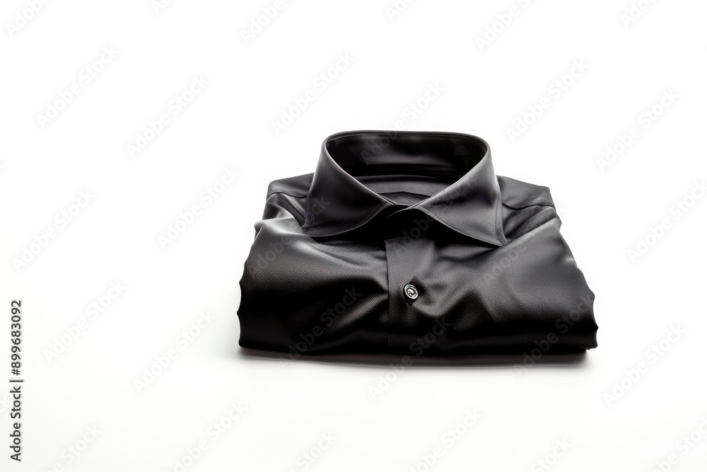 A neatly folded black shirt rests on a pristine white surface, showcasing its sleek design in minimalist style, ideal for a fashion presentation A neatly folded black shirt rests on a pristine white surface, showcasing its sleek design in minimalist style, ideal for a fashion presentation