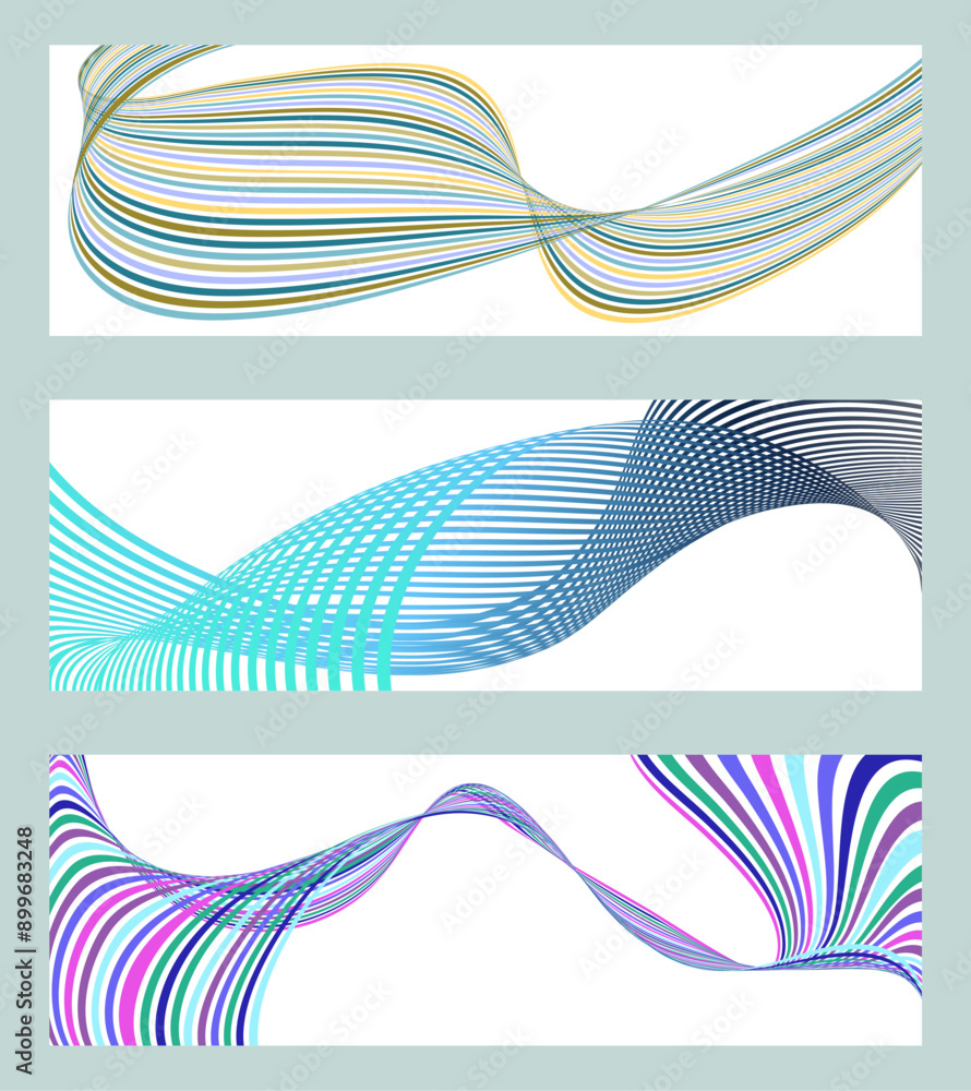 Wavy lines or ribbons. Set of 3 backgrounds. Multicolored striped gradient. Creative unusual background with abstract gradient wave lines to create a trendy banner, poster. vector eps Wavy lines or ribbons. Set of 3 backgrounds. Multicolored striped gradient. Creative unusual background with abstract gradient wave lines to create a trendy banner, poster. vector eps
