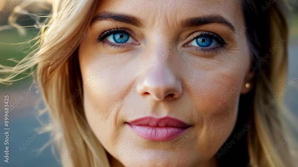 A woman stands outdoors with a serene expression, showcasing her bright blue eyes and natural beauty as sunlight softly illuminates her features