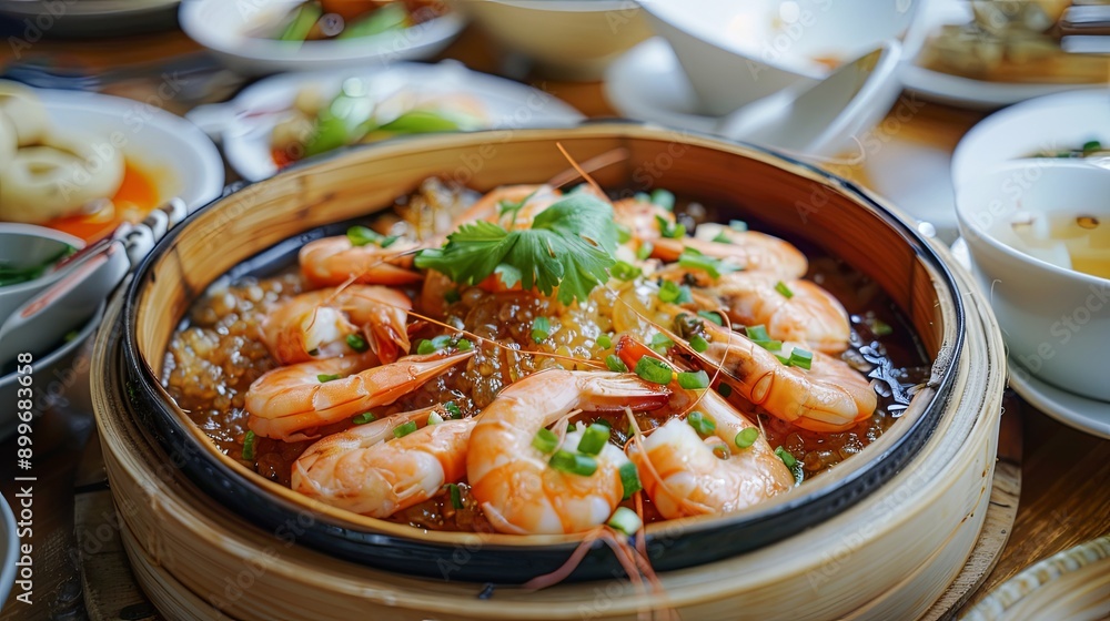 Elegant Presentation of Shrimp with Lobster Sauce on a Wooden Table, Exuding the Aroma of Authentic Chinese Cuisine, Perfect for Gourmet Food Photography Elegant Presentation of Shrimp with Lobster Sauce on a Wooden Table, Exuding the Aroma of Authentic Chinese Cuisine, Perfect for Gourmet Food Photography
