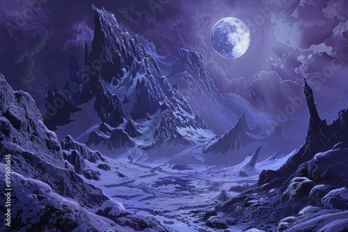 Mystical moonlit mountain landscape with snow and rocks photo