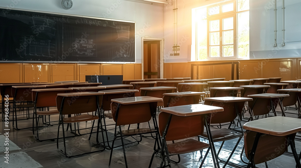 Sunlight Streaming Through the Classroom Window Illuminates Rows of Wooden Chairs and Desks Against a Blackboard. An Empty, Sunlit School Classroom Scene Captured in High Definition with Detailed Wood Sunlight Streaming Through the Classroom Window Illuminates Rows of Wooden Chairs and Desks Against a Blackboard. An Empty, Sunlit School Classroom Scene Captured in High Definition with Detailed Wood