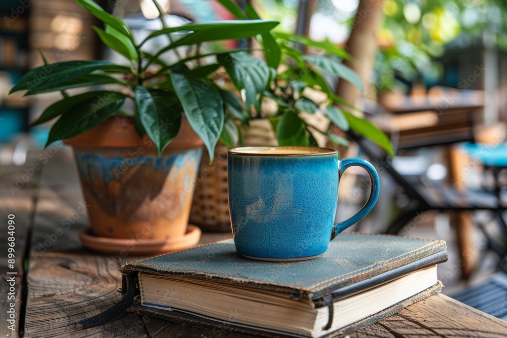 Serene morning with a blue ceramic mug and notebook on a rustic table. Serene morning with a blue ceramic mug and notebook on a rustic table.