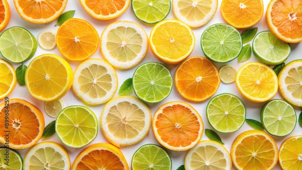 Vibrant arrangement of freshly sliced citrus fruits, including oranges, lemons, and limes, in a geometric pattern on a white background. Vibrant arrangement of freshly sliced citrus fruits, including oranges, lemons, and limes, in a geometric pattern on a white background.