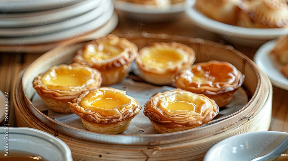 Exquisite Egg Tarts Displayed on a Wooden Table with White China, Emblematic of Cantonese Dim Sum Delights Exquisite Egg Tarts Displayed on a Wooden Table with White China, Emblematic of Cantonese Dim Sum Delights