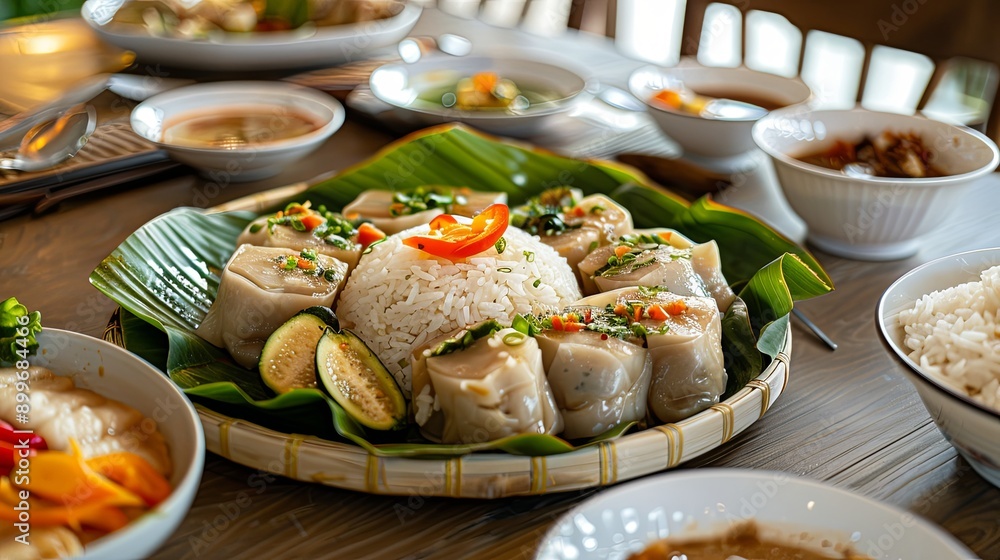 Exquisite Presentation of Loh Mai Gai on a Wooden Table, Traditional Chinese Sticky Rice Delicacy Wrapped in Lotus Leaf, Isolated on a Pure Background Exquisite Presentation of Loh Mai Gai on a Wooden Table, Traditional Chinese Sticky Rice Delicacy Wrapped in Lotus Leaf, Isolated on a Pure Background