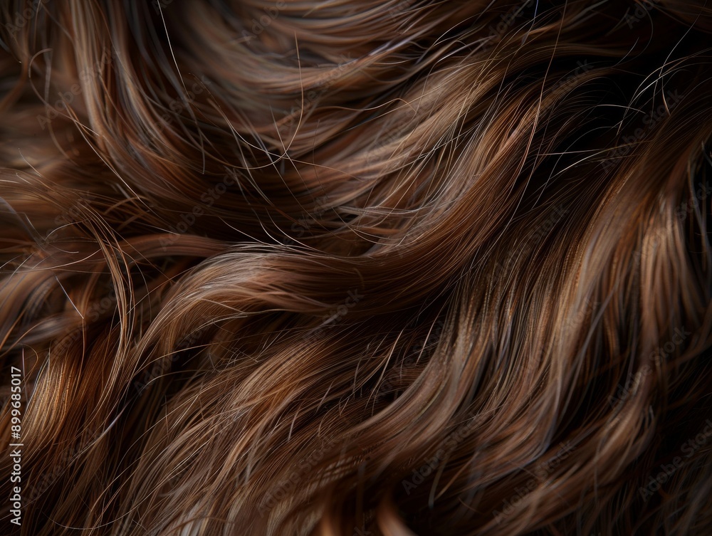Naklejka premium A close-up of wavy brown hair, highlighting the texture and natural waves of the strands