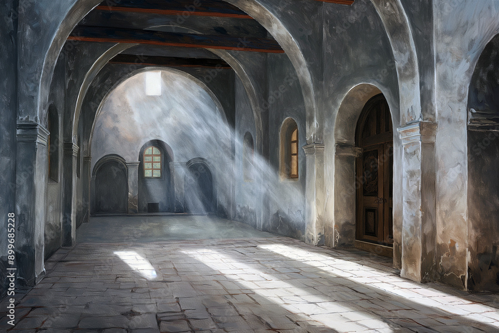 Sunbeams Illuminate Empty Monastery Hall Sunbeams Illuminate Empty Monastery Hall