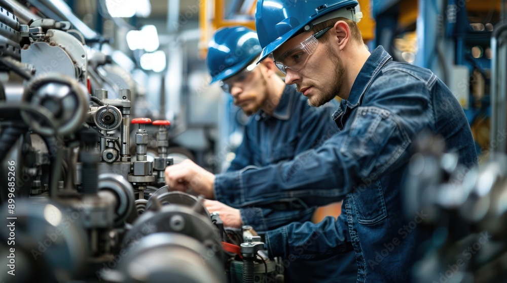 Factory workers operating advanced machinery in a production facility, highlighting teamwork and technical skills Factory workers operating advanced machinery in a production facility, highlighting teamwork and technical skills