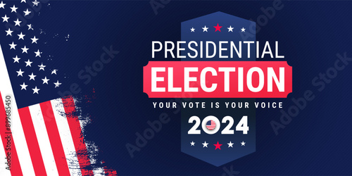 Election voting poster. Presidential election 2024 design template with USA flag. Vote in USA American colors flag banner design. President voting 2024. Political election 2024 campaign background.