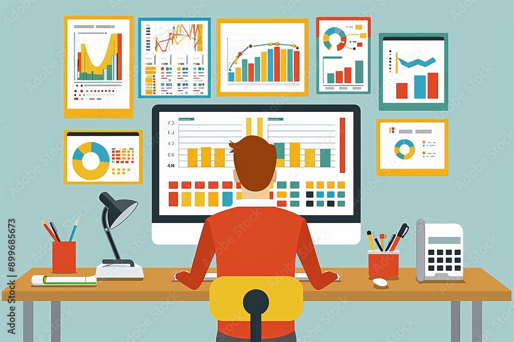 Fototapeta premium Business Professional Analyzing Data with Marketing and Communication Icons on Computer Screen