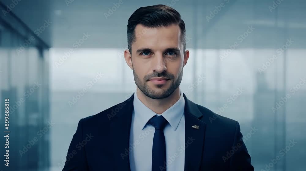 A man in a suit stands in a modern office building, looking directly at the camera with a serious expression. A man in a suit stands in a modern office building, looking directly at the camera with a serious expression.
