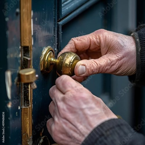 Close-up of hands replacing a door knob