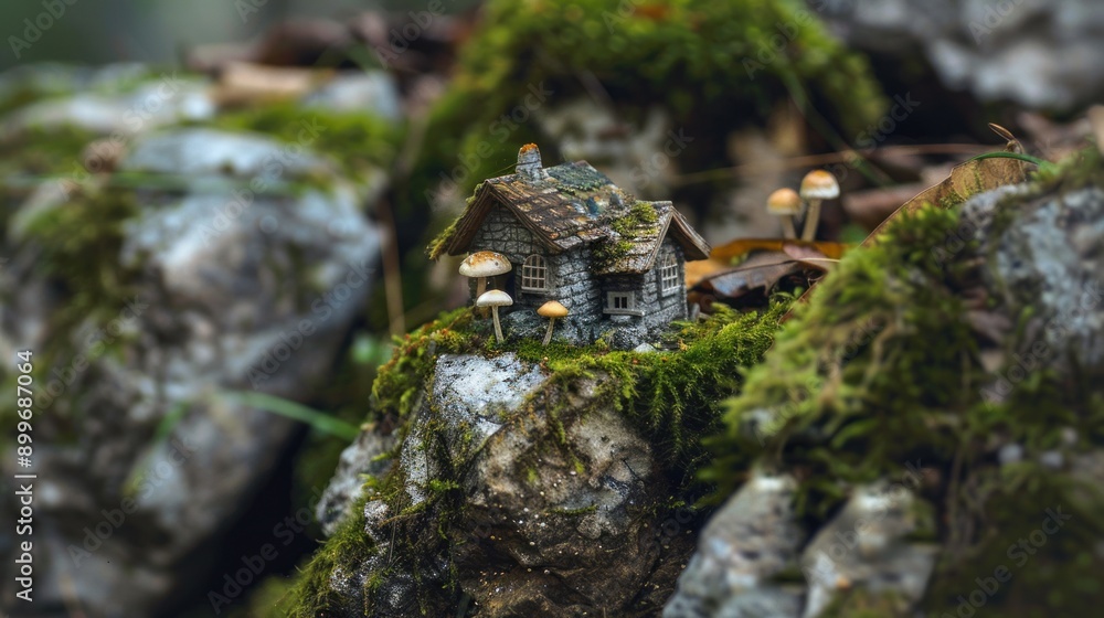 Obraz premium Miniature Stone Cottage Amongst the Moss