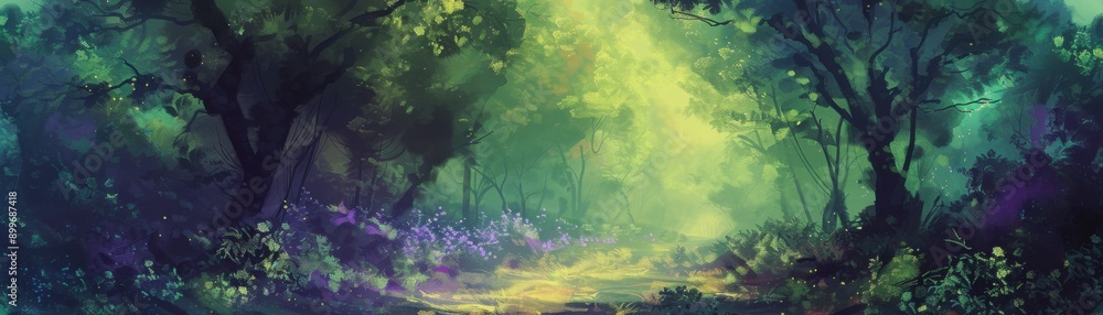 Fototapeta premium Enchanted Dreamland - Fantasy Forest in Vibrant Greens and Purples, Digital Painting of Mystical Landscape with Magical Atmosphere