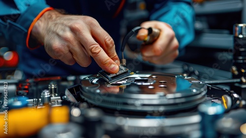 A technician installing a new hard drive in a laptop, focusing on computer upgrades