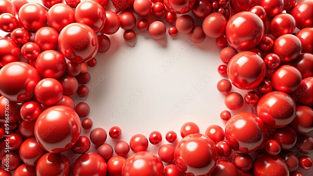 Vibrant red balloons and spheres ornately fill an elaborate empty frame, surrounded by subtle shadows, against a pristine white background. Vibrant red balloons and spheres ornately fill an elaborate empty frame, surrounded by subtle shadows, against a pristine white background.