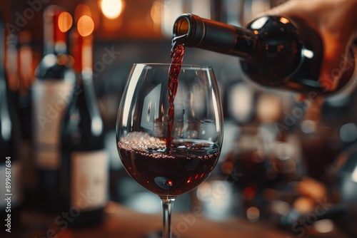 Pouring red wine into a glass in a dimly lit setting. photo