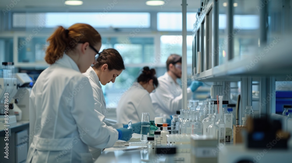 Fototapeta premium A team of researchers in a lab working on innovative projects, showcasing collaboration and innovation in scientific research